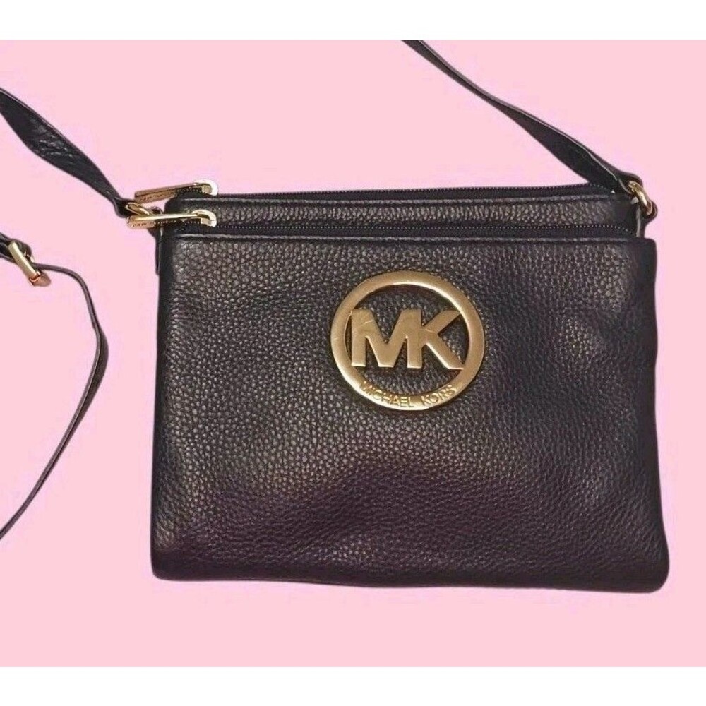 MICHAEL KORS FULTON Black Pebbled Leather Crossbody Bag Small Messenger MK Logo - Picture 2 of 6